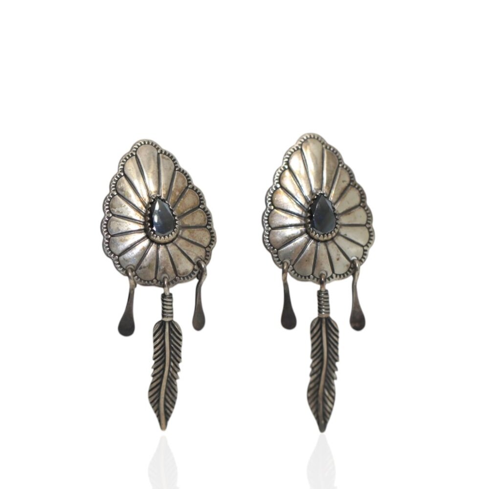 Vintage Southwestern Sterling Silver Concho Earrings Hematite